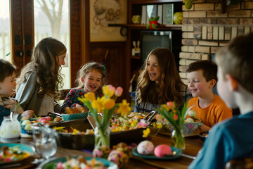 a group of children are sitting around a table with plates of food