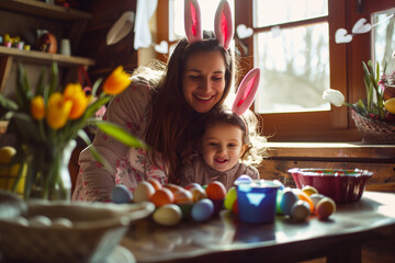 a woman and a little girl wearing bunny ears are sitting at a table with easter eggs