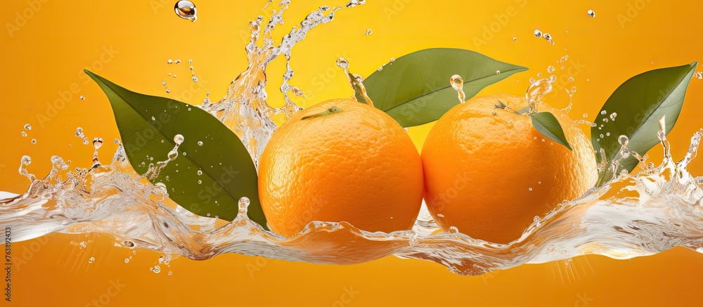 Poster Two Valencia oranges with leaves are tumbling into a refreshing splash of water. This vibrant image captures the beauty of natural foods and the essence of citrus fruits