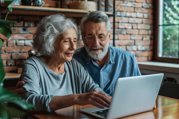 Elderly couple smiling at laptop on table in house by window