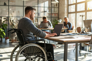 Fototapeta premium A wheelchair user is at a desk with a laptop, near a window and a houseplant