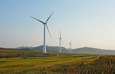 Obraz premium Wind turbines stand tall in a grassy field, framed by mountains