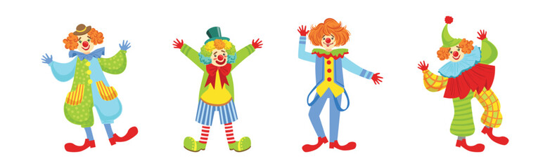 Circus Clown Character in Jester Costume with Nose Vector Set