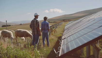 Two men among sheep and solar panels in grassy field