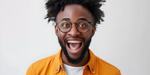 Excited African Man Celebrating Marketing Campaign Success with Joyful Smile on White Background