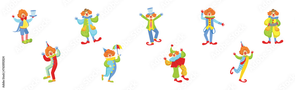 Poster circus clown character in jester costume with nose vector set