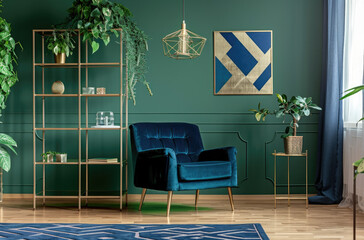 Modern interior design with teal wall, armchair and brass metal bar cart in living room with plants on the shelf and accessories