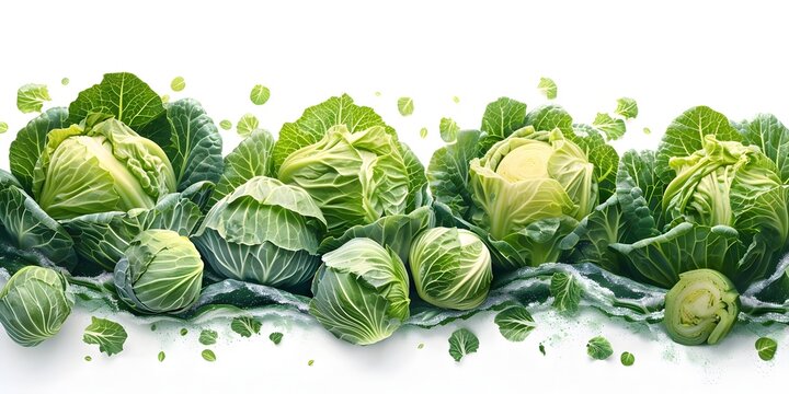 a captivating scene of fresh green cabbages rolling and tumbling against a pristine white backdrop The cabbages