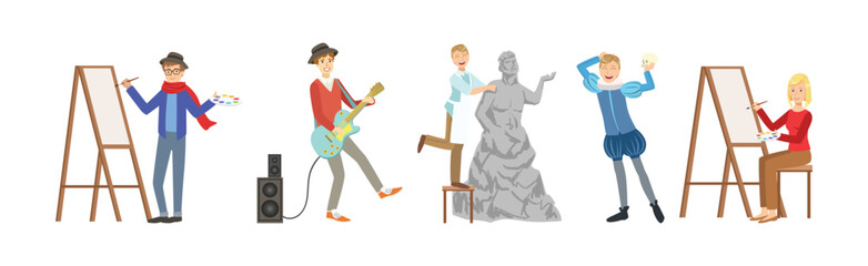 Artist and Creative People Character at Working Process Vector Set