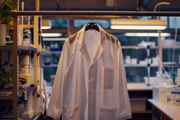 Obraz na płótnie Canvas lab coat on hanger, sterile environment around