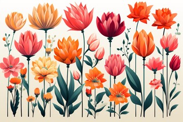 Set of colorful spring flower icons on white background for seasonal design and decoration