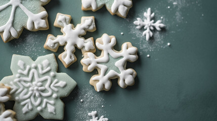 snowflake sugar cookies on a solid background, overhead view