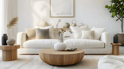 Round wood coffee table against white sofa. Scandinavian home interior design of modern living room.