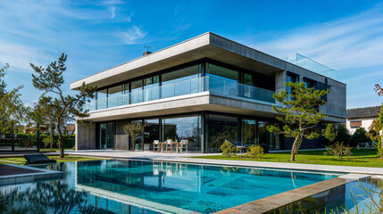 Luxurious villa in a modern and minimalist style with a large garden and swimming pool - obrazy, fototapety, plakaty