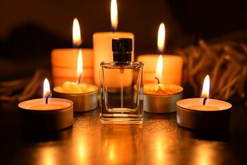 perfume bottle between candles on romantic setting - obrazy, fototapety, plakaty