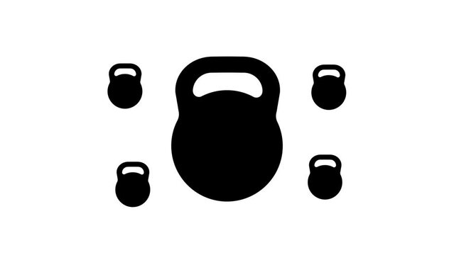 Zoom in and out animation the sports weight symbol. Large black symbol in the center and four small symbols around. Seamless looped 4k animation on white background