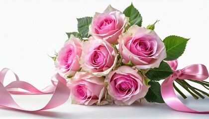 Bukiet różowych róż przewiązany wstążką na białym tle - obrazy, fototapety, plakaty
