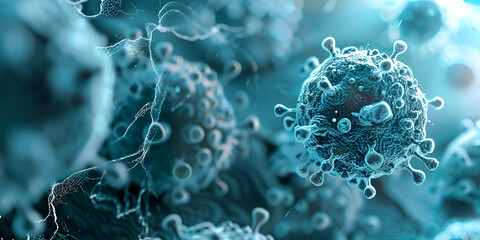 Close up view of virus cells or bacteria on light blue blurly background. - obrazy, fototapety, plakaty