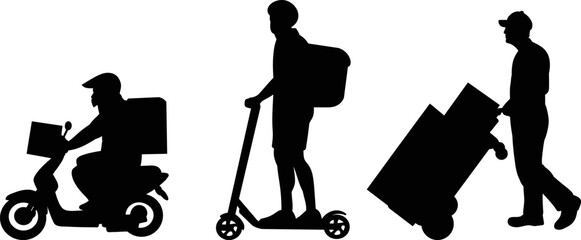 couriers on a scooter, moped silhouette white background, vector