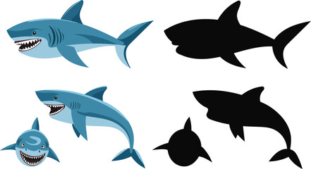 set of shark character on white background, vector