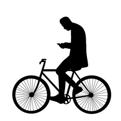 man on a bicycle with a phone silhouette against white background, vector