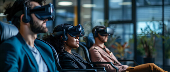 Business team, including people with disabilities, experiencing VR, dynamic office, inclusive, engaging tech session