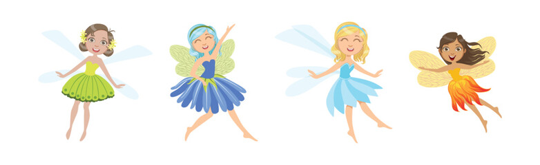 Cute Girl Fairy with Wings and in Pretty Dress Vector Set