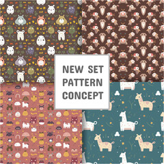 set of seamless cute animal patterns, Decorative backdrop for wallpaper, textile, wrapping, fabric print.
