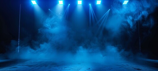 abstract dark blue background, neon light, spotlights. generative ai