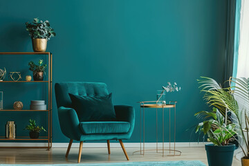 Green wall with blue velvet armchair and golden chandelier in living room interior, decorative painting on the frame above it, metal shelf for plants and coffee table