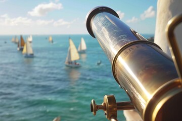 closeup on a telescope with a person surveying a sea with sailing boats from lighthouse
