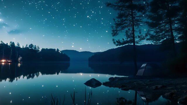A tent is pitched near a tranquil lake with the reflection of the stars dancing on the waters surface. The sounds of nature fill the air as the campers settle in for a cozy
