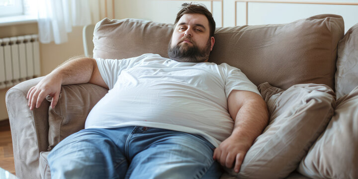 Fat lazy adult Man Relaxing on Couch at Home. An unshaven, overweight man with a big potbelly is lying on the couch, infantilized.