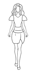 The woman is walking. Sketch. Vector illustration. A girl in a blouse with bell sleeves and a short tulip skirt with a slit on the thigh. Doodle style. Lady with wavy hair. 