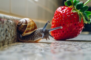 closeup of a snail stretching towards a strawberry on a kitchen counter - Powered by Adobe