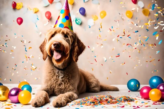Happy cute labradoodle dog wearing a party hat celebrating at a birthday party, surrounding by falling confetti 