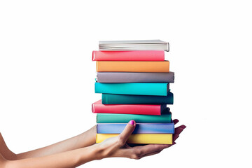 hand holding colorful books on white