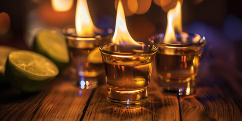 Fototapeta na wymiar Flaming Fire Tequila Shots close-up. Fiery alcoholic tequila glass shot on a table. 