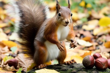 squirrel standing on hind legs with chestnut - Powered by Adobe