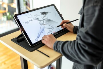 artist sketching on a tablet at a standing desk with a stylus