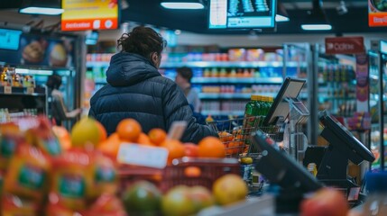 Blurred people at the cashier in the supermarket