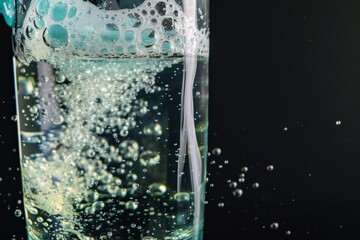 glass filled with effervescent tablet, water bubbling and churning