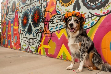 dog with a flower crown sitting by a day of the dead mural
