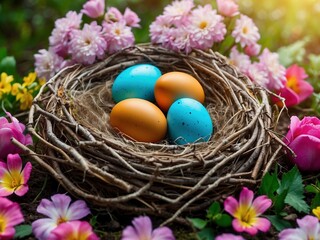 Obraz na płótnie Canvas Bird nest full of painted colorful easter eggs surrounded by beautiful flowers. Pasqua basket with painted eggs festive closeup photography illustration concept. Traditional holiday celebration.