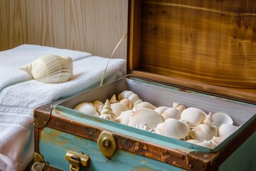 Fototapeta na wymiar open suitcase filled with seashells next to a towel