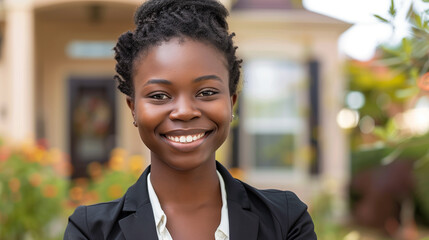 Smiling african american female real estate agent with a beautiful house in the background - obrazy, fototapety, plakaty