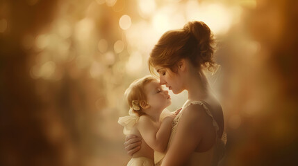Timeless of motherhood moment between a mother and her child with   soft lighting and warm - obrazy, fototapety, plakaty
