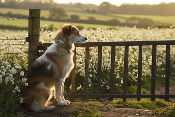 dog waiting at a gate with a blooming meadow behind it