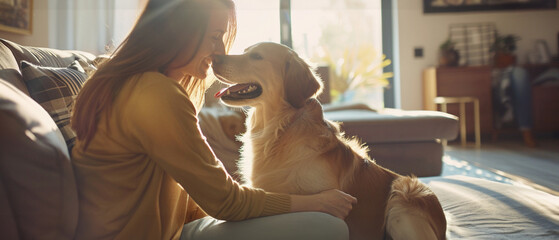 Female pet sitter, Caucasian, joyfully playing with a dog in a sunlit modern living room,