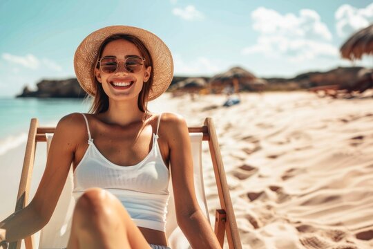 Young happy woman in hat and sunglasses sitting chair on beach